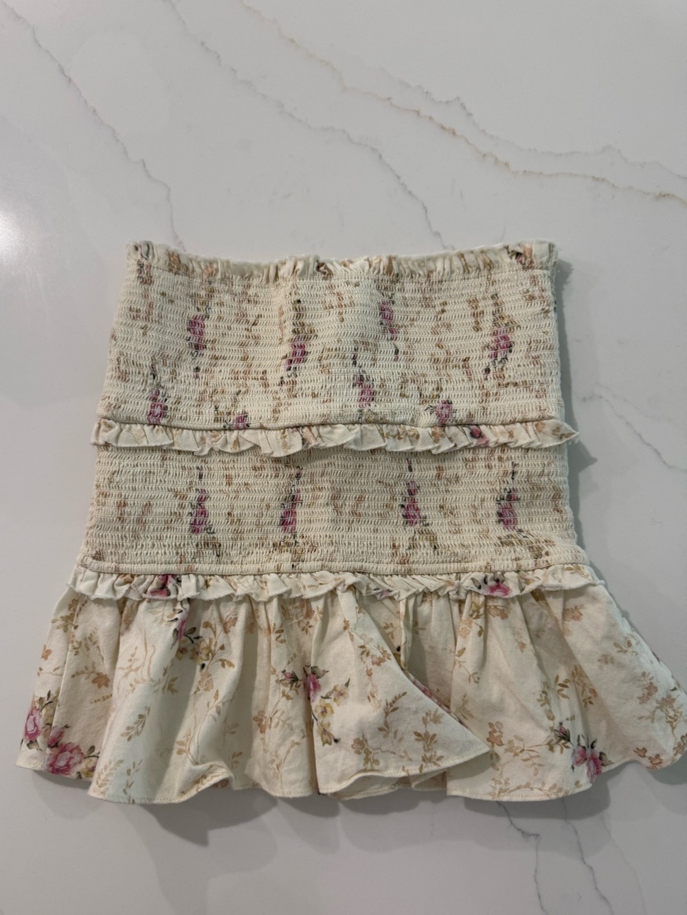 LoveShackFancy Cream Floral Smocked Mini Skirt with Pink Accents